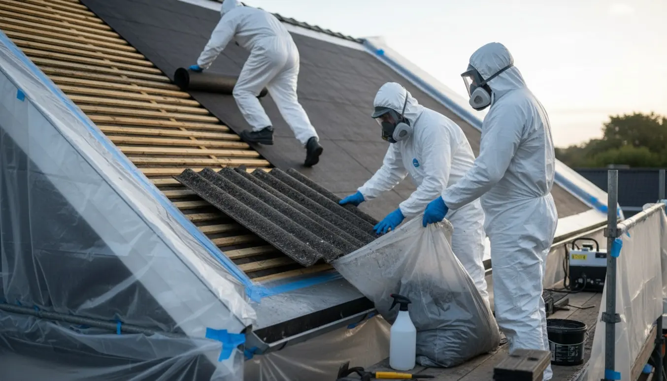 Håndværkere i beskyttelsesdragter fjerner asbestholdige fibercementplader fra et tag og ruller nyt tagpap ud.