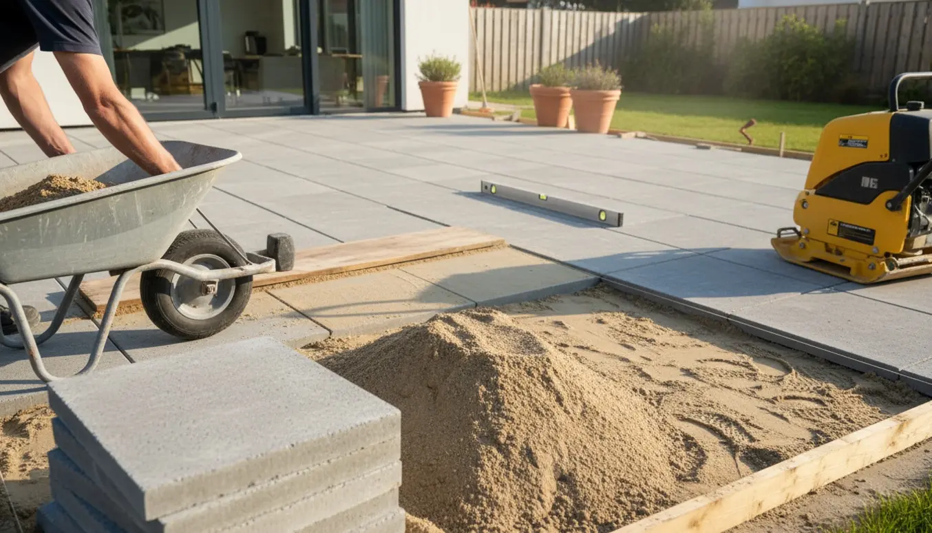 Delvist anlagt terrasse med store kvadratiske fliser, sandbunke og værktøj klar til lægning.
