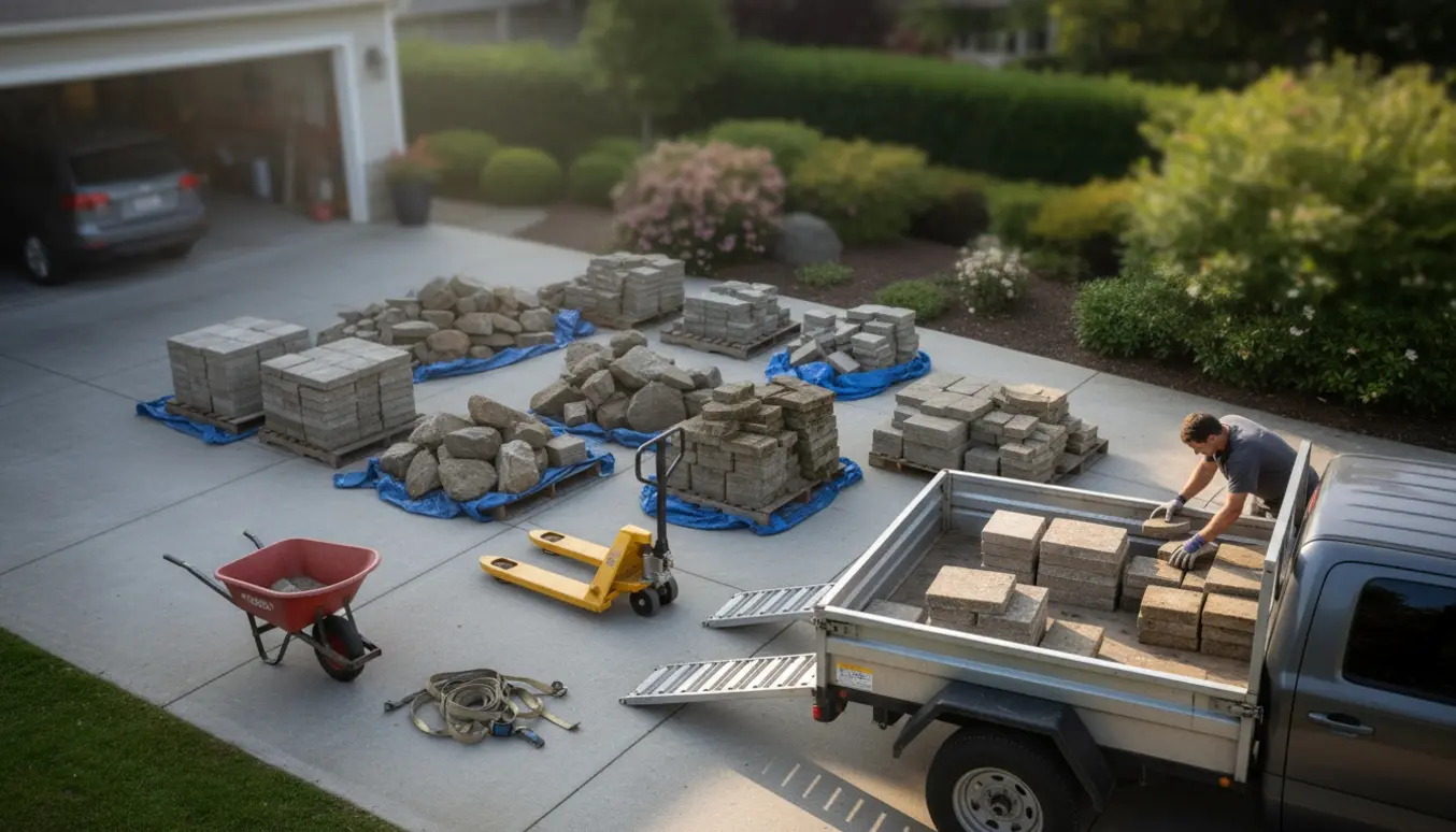 Stabler af fliser og sten klar ved trailer og trillebør, klar til afhentning til genbrug.