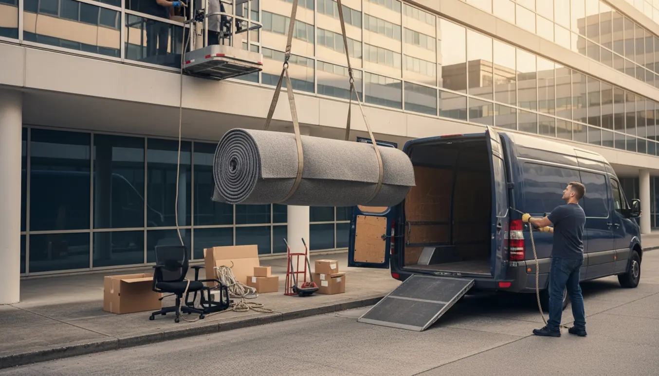 Et stort kontortæppe og blandet affald sænkes fra 1. sal til en stor varevogn ved en kontorbygning.