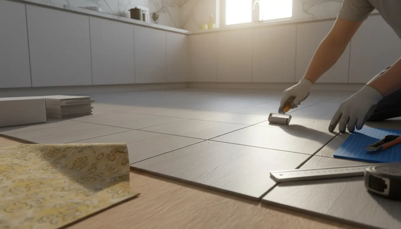 Nærbillede af hænder, der lægger selvklæbende vinylfliser (305 × 305 mm) i et lyst køkken.
