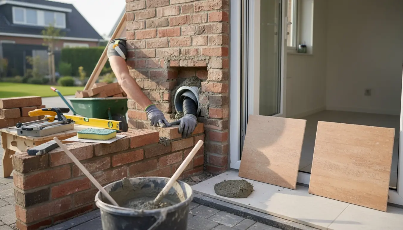 Udvendigt murværk ved en åben bryggersdør med handsker på hænder, mursten, mørtel og to udskiftede gulvfliser klar til montering.