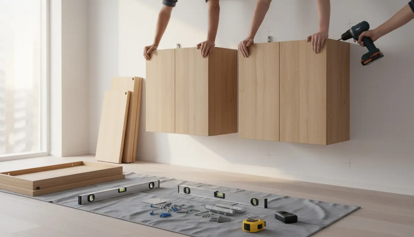 To Bestå-vægs skabe monteres i et lyst rum med boremaskine, skruer og rawlplugs synlige.