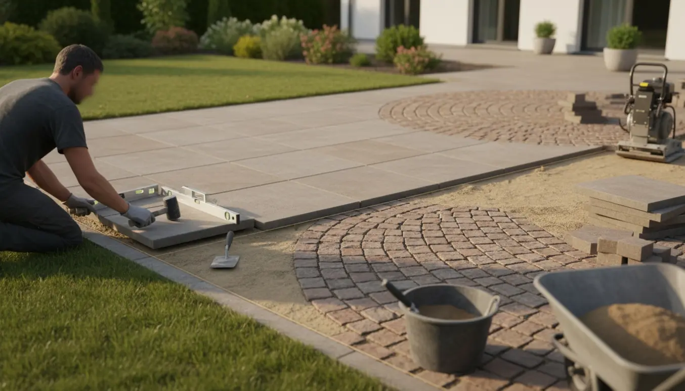 Halvfærdig haveterrasse med store betonfliser og en halvmåneformet herregårdsstens-terrasse under anlæg.