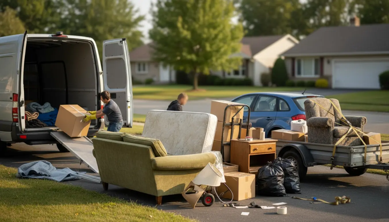 Møbler og affald læsses i en åben varevogn og en lille trailer på en indkørsel, ansigter ikke synlige.