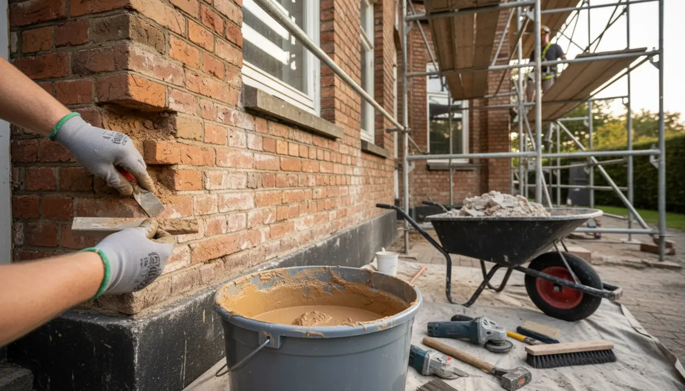 Stillads ved en treetagers murvilla mens en murer udfører omfugning med bakkemørtel.