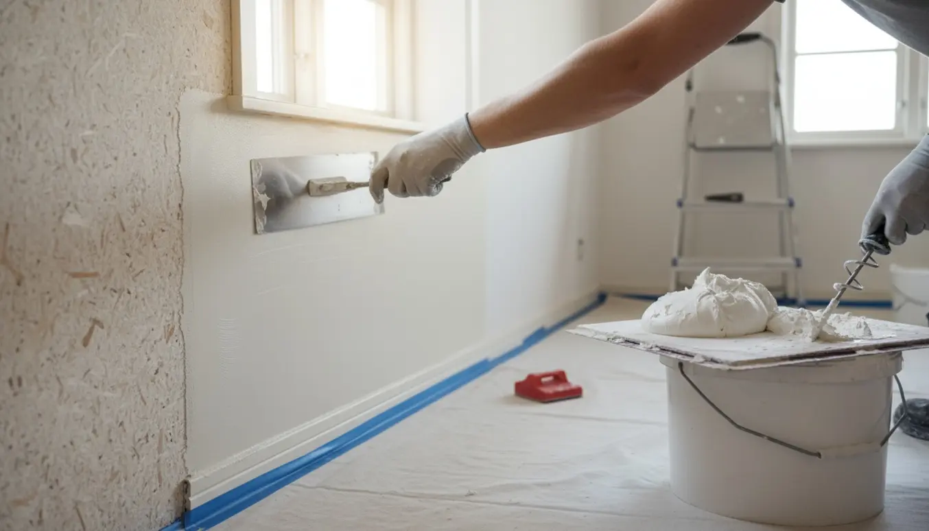 Hænder fuldspartler en væg med synlig savsmuldstapet og en nyligt glattet overflade i et lyst rum.