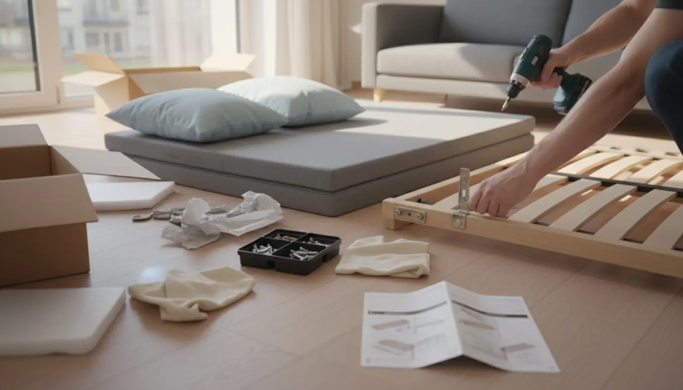 Hænder samler en moderne sovesofa i en lys stue med værktøj og dele fordelt.