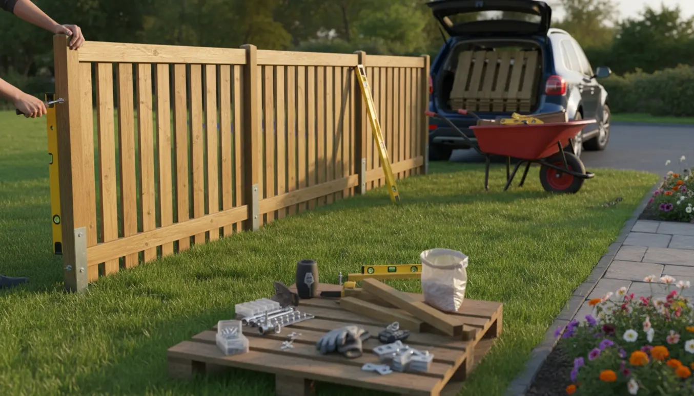 Tre træhegnssektioner monteres i en have med stolpespyd og værktøj klar til opsætning.