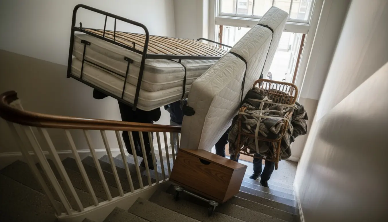 Flytning af to enkeltsenge, en topmadras, en opbevaringsskuffe og en kurvestol ned ad en snæver trappe med flytteudstyr.