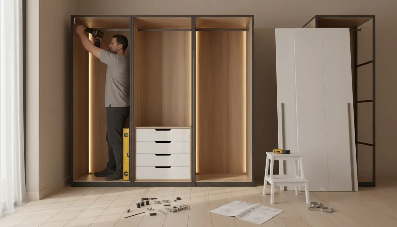 Hænder monterer tre modulære garderobeskabe ved en væg med værktøj og skruer.
