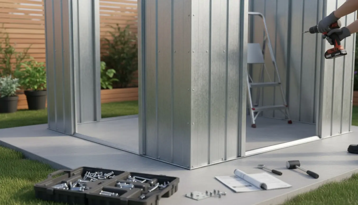 Delvist samlet stålskur i en have, hvor hænder spænder bolte med en boremaskine.