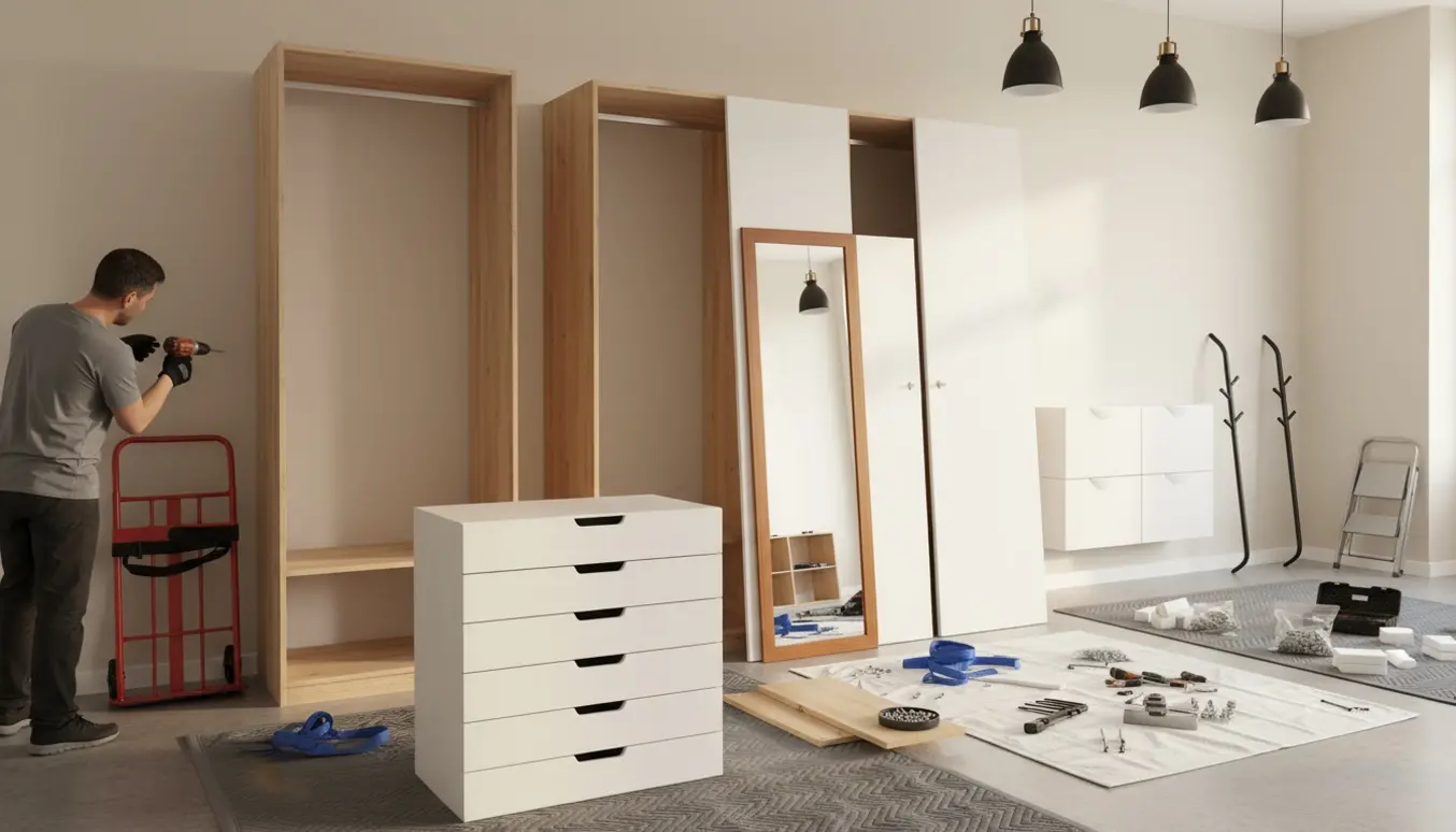 Delvist adskilte PAX-garderobeskabe stående med stablede skuffer, værktøj og en spejldør klar til flytning og genmontering.