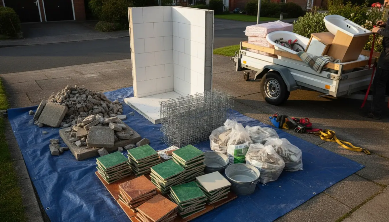 Trailer og bunker med byggeaffald fra et badeværelse: fliser, beton, rionet, isolering, badekar og vask.