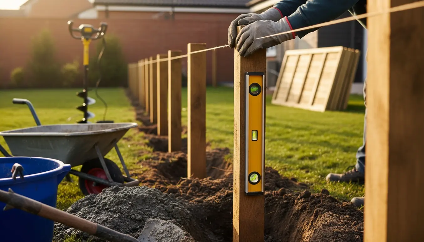 Håndværker støber og justerer hegnsstolper i en have med værktøj og våd beton.
