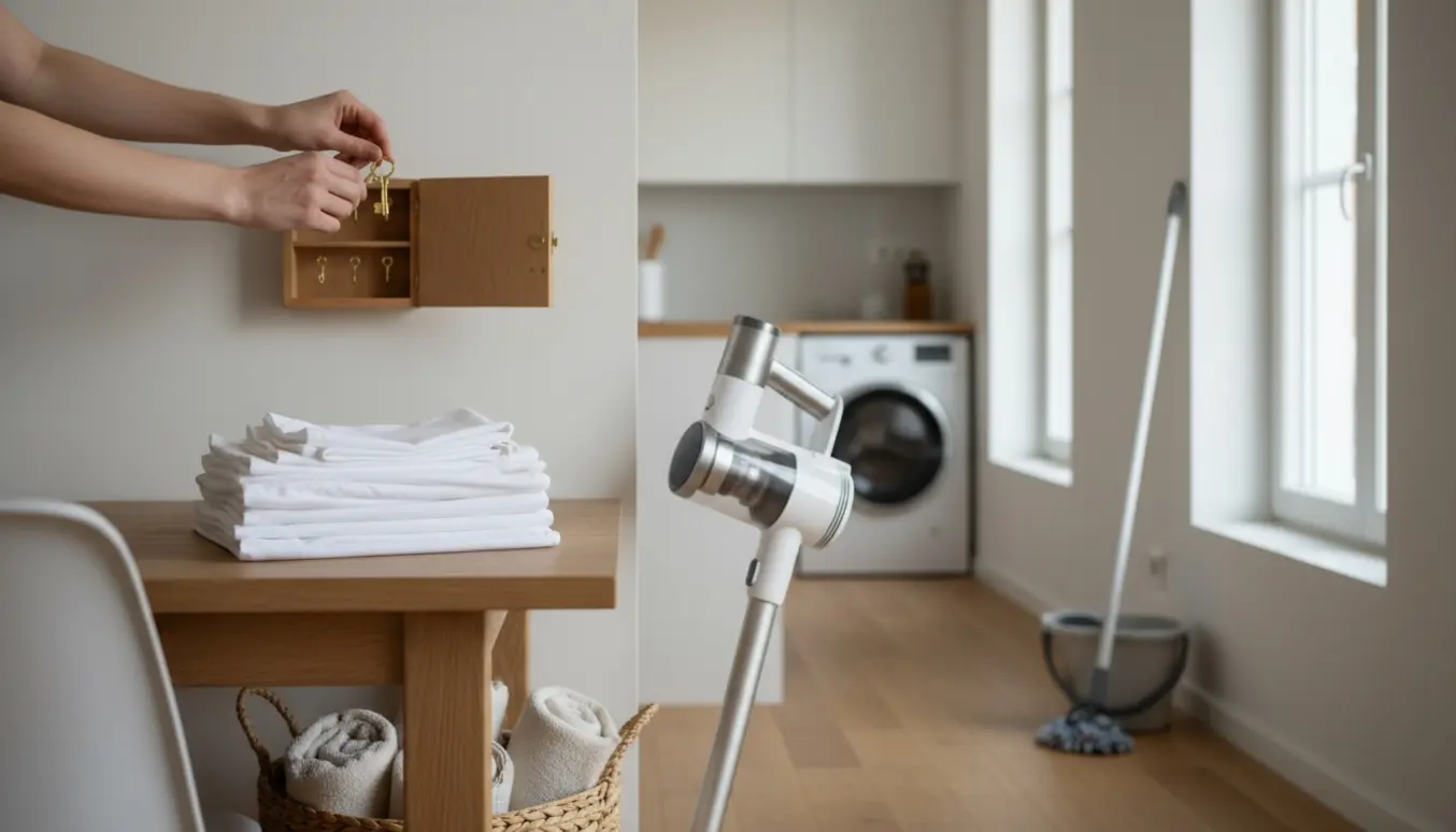 Hænder placerer en nøgle i en væghængt nøgleboks i en solrig, nystrøget Airbnb-lejlighed med foldet vasketøj.