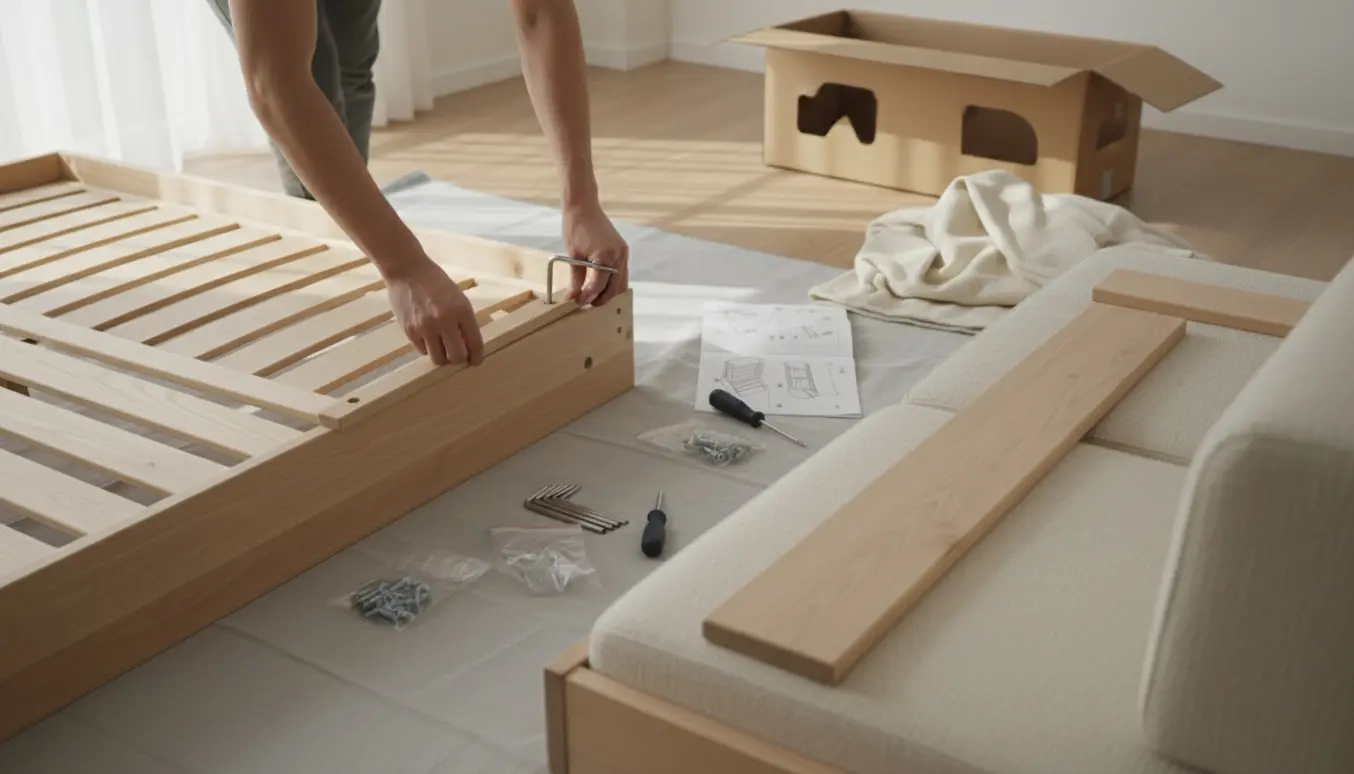 Halvfærdig samling af seng og sofa i et lyst rum, hænder strammer bolte med unbrakonøgle.