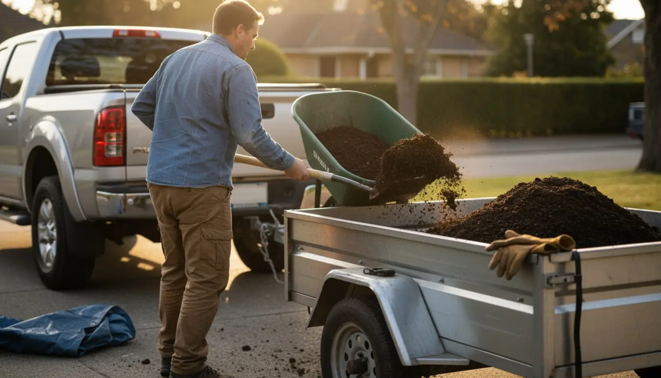 Mand læsser jord i en trailer med skovl på en indkørsel, set bagfra uden ansigt.