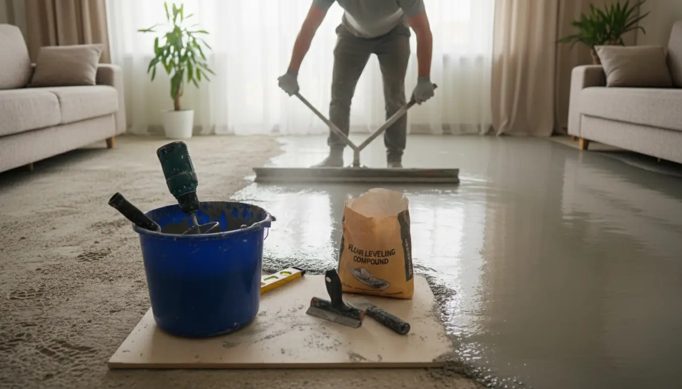 En håndværker udjævner et betongulv i en lys stue med flydespartel og glittesparkel.