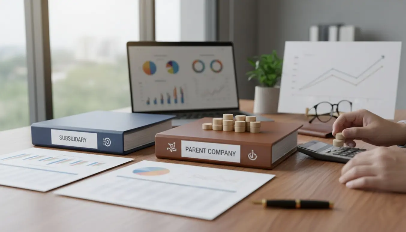 Hænder flytter træbrikker mellem to regnskabsmapper på et ryddeligt skrivebord for at symbolisere overførsel af kapitalandele.