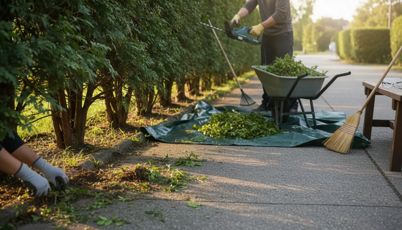 En person trimmer en lang grøn hæk langs fortovet, samler afklip og fjerner ukrudt.