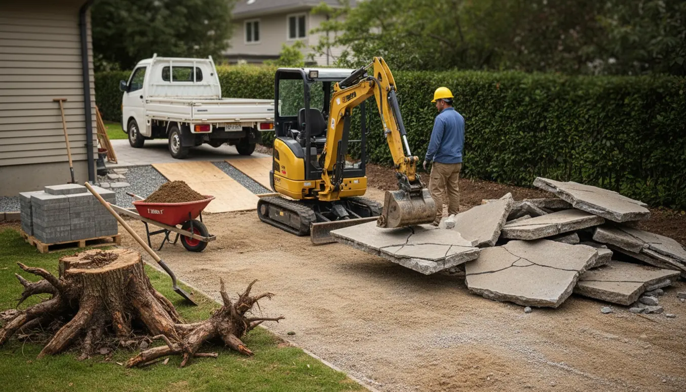 Opgravning af beton i en baghave med mini-graver, stabler af fliser og et jævnet areal klar til græs eller belægning.