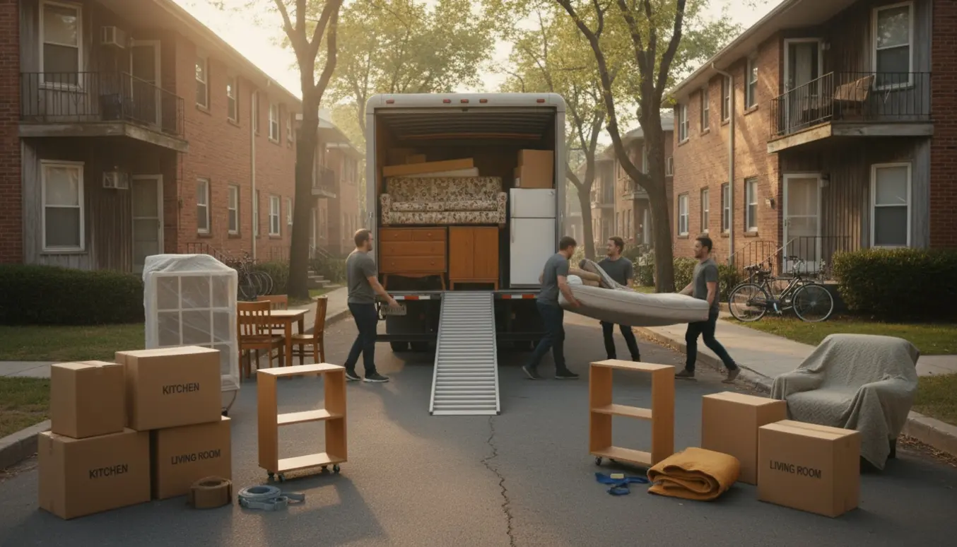 Flyttefolk bærer møbler og stabler flyttekasser mellem to nærliggende lejlighedsbygninger.