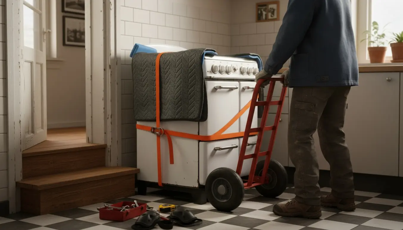 En person trækker et gammelt komfur ud gennem en smal køkkendør på en øvre etage med dolly og beskyttelsespuder.