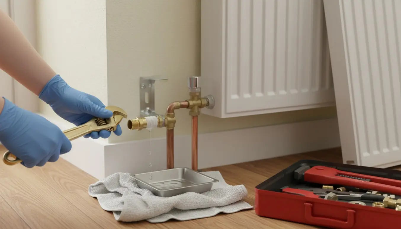 Hænder afmonterer en radiator og sætter en prop i et rør med skruenøgle og drypbakke.