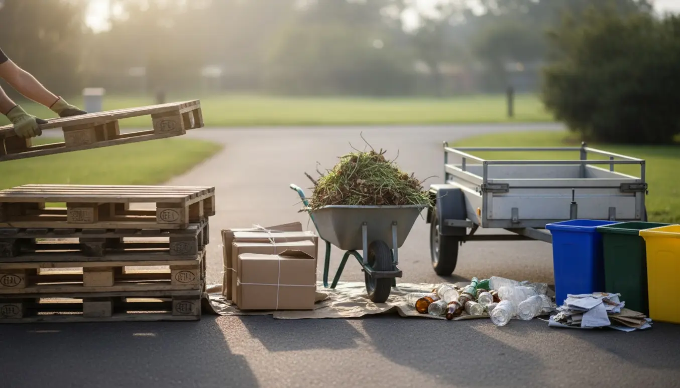 Sorterede affaldsposer, 3–4 pallerammer, pap og haveaffald klar til afhentning i en ryddet carport.