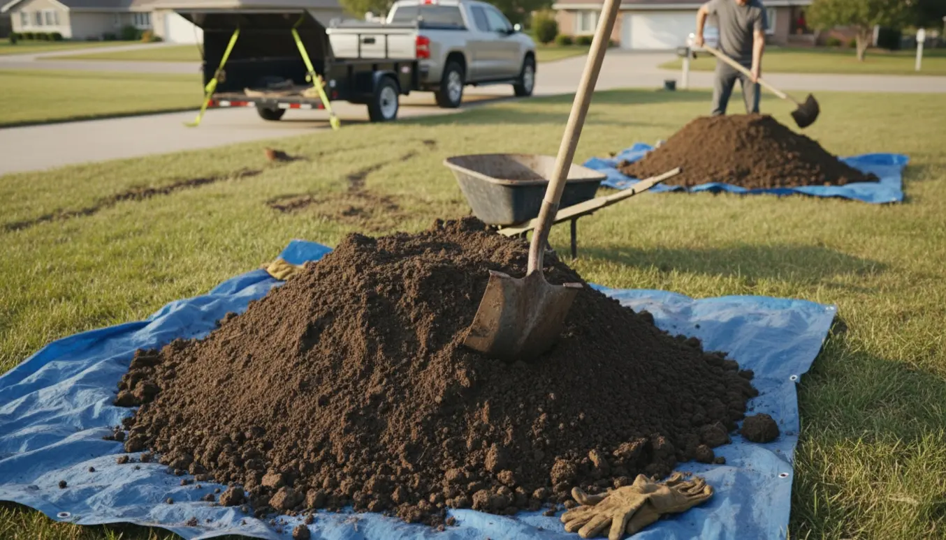 To jordbunker på græsplæne med skovl, trillebør og trailer ved indkørslen klar til bortkørsel.