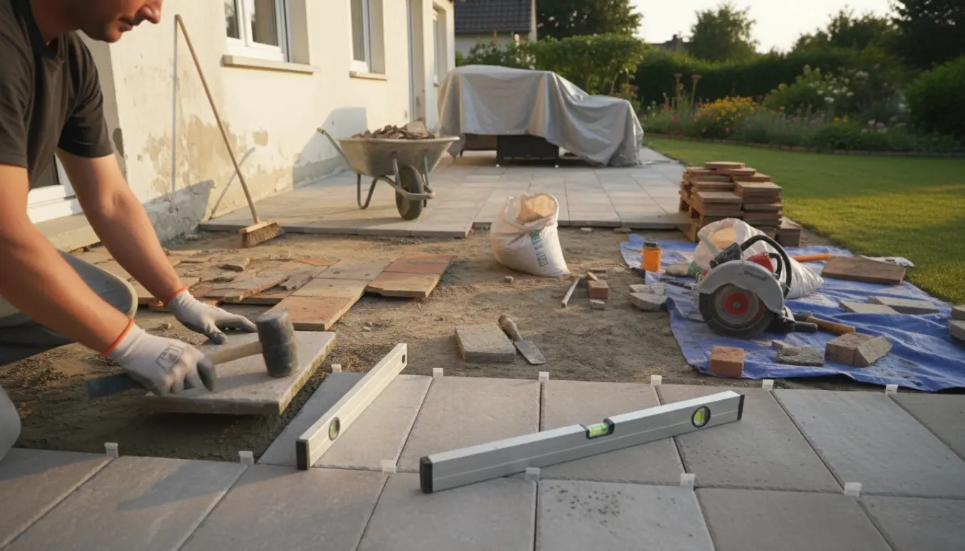 Udsnit af terrassefornyelse med nye fliser, gamle fliser og byggematerialer ved husets yderside.