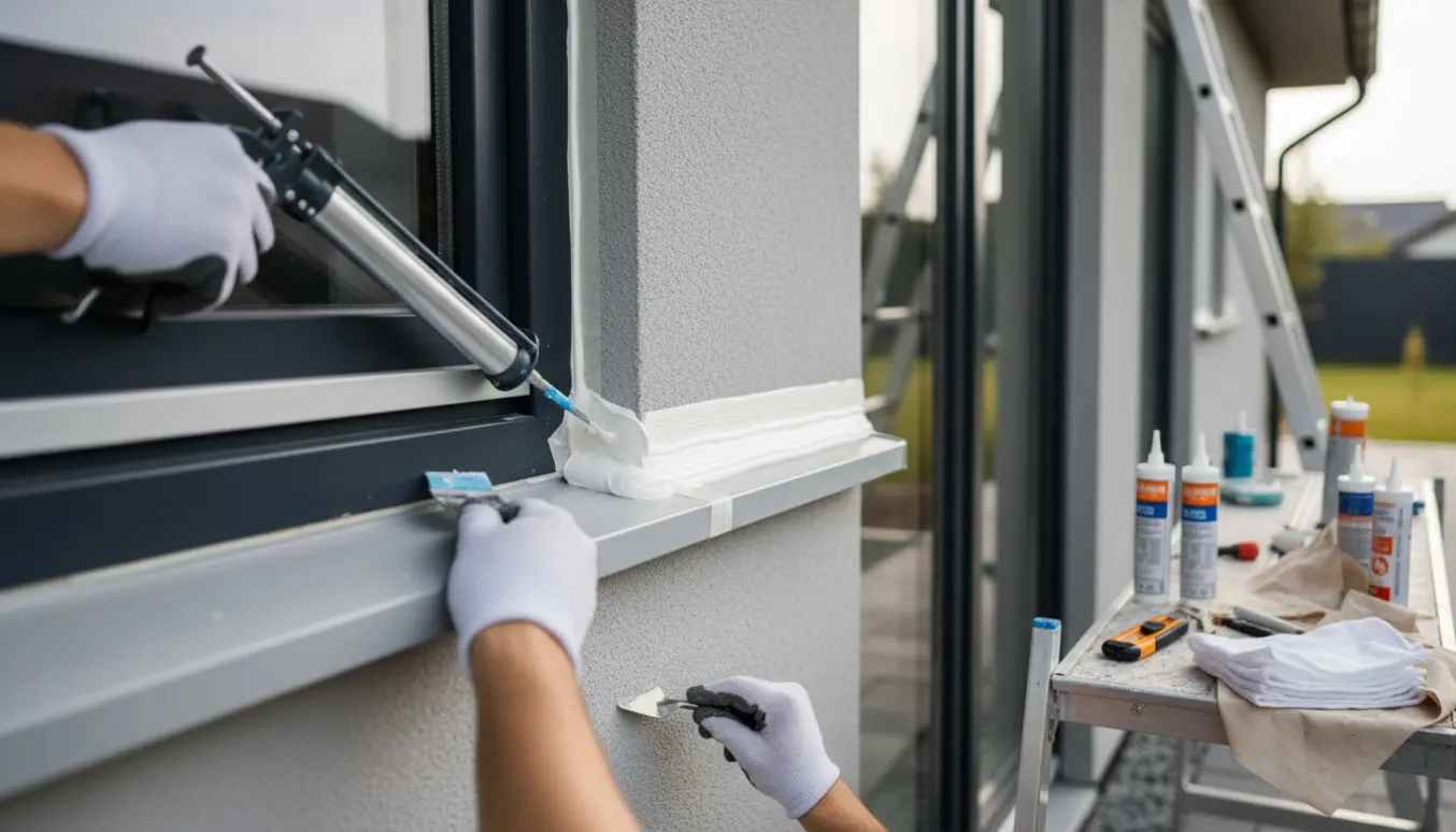Nærbillede af udvendigt fugearbejde ved første-sals vindue og havedør med fugepistol og udglattende værktøj.