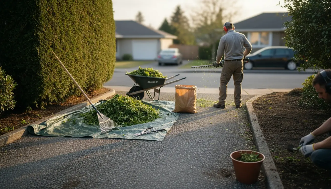 Hæk klippes langs indkørsel og vej, ukrudt fjernes med handværktøj og friske afklip ligger i en pæn bunke.