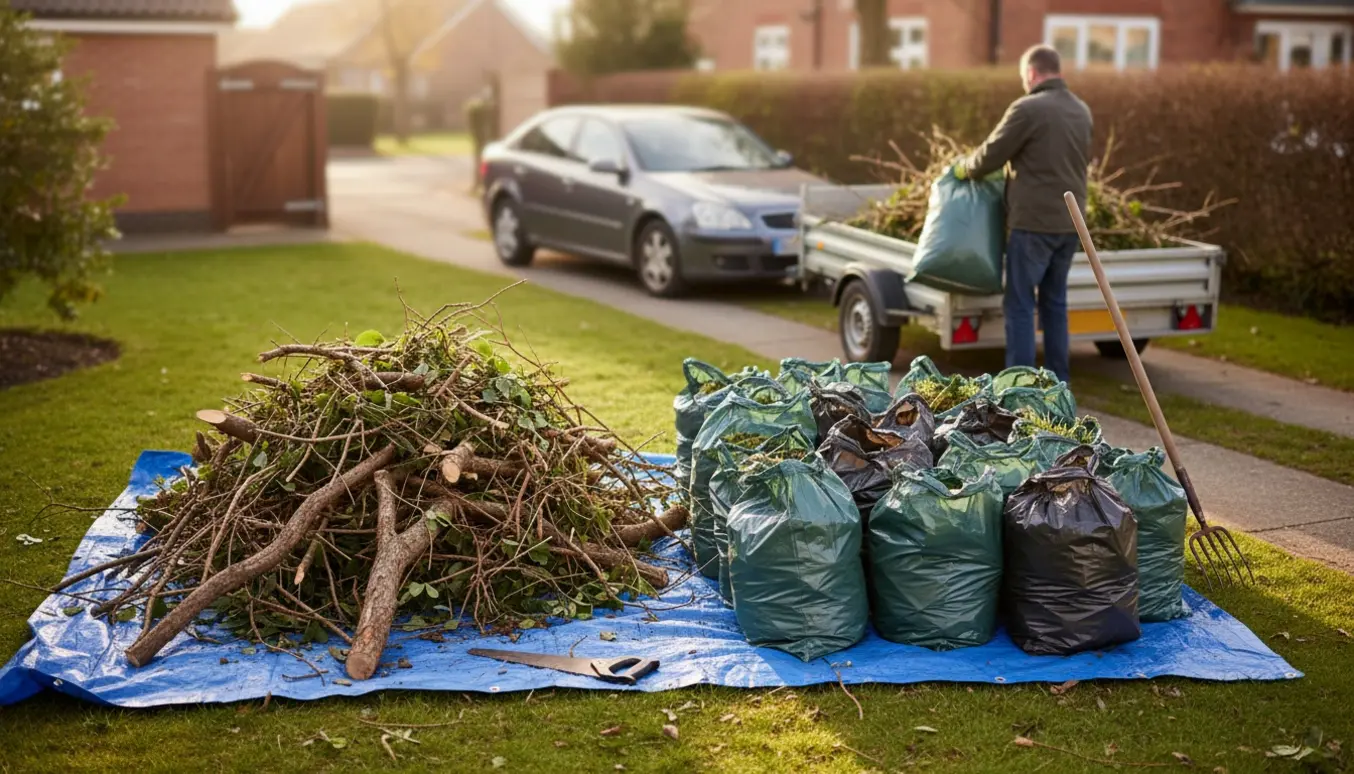 Bunke grene på presenning og omkring 10–15 fyldte 240 L sække ved en trailer klar til bortkørsel.