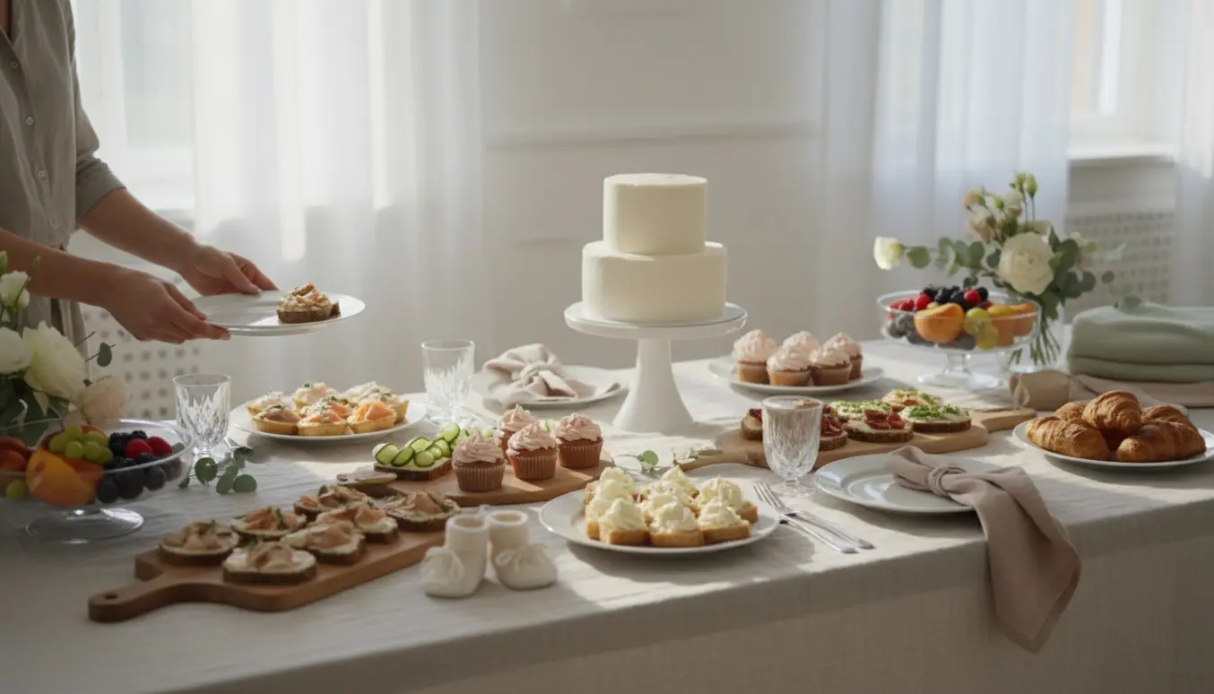 Et lyst og elegant buffetbord til barnedåb med fade, blomster og hænder, der serverer.