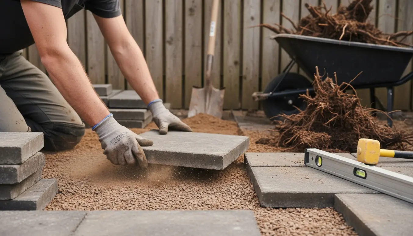 Hænder i handsker omlægger fliser i en baghave efter fjernelse af trærødder med værktøj og frisk pakket sand.