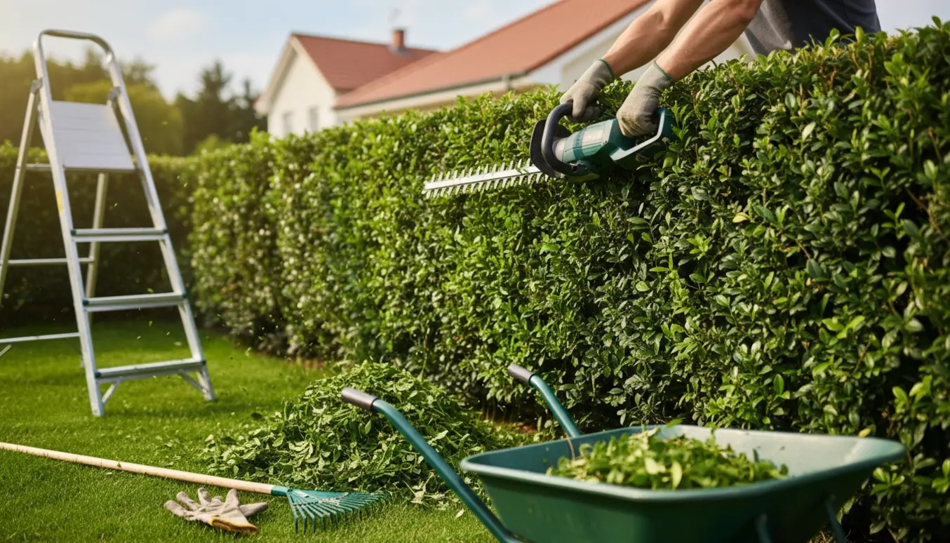Nærbillede af hækkeklipning med elektrisk hækkeklipper og friske grønne afklip på græsset.