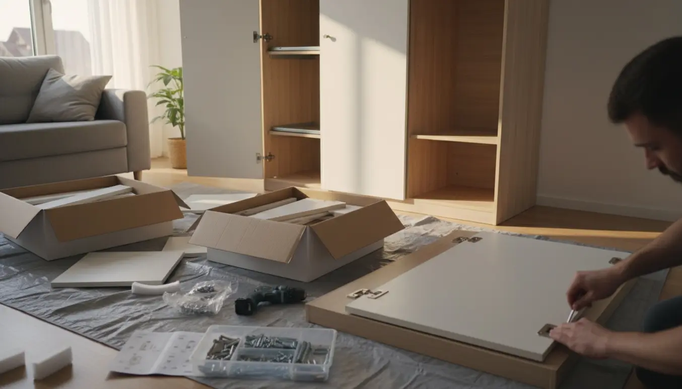 Delvist samlet Ikea-klædeskab i en lys stue med værktøj og hænder, der monterer hængsler.