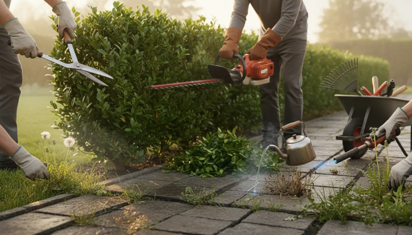 Nærbillede af hækkeklipning og fjernelse af ukrudt mellem fliser med handsker, hækkeklipper og damp fra varmt vand.
