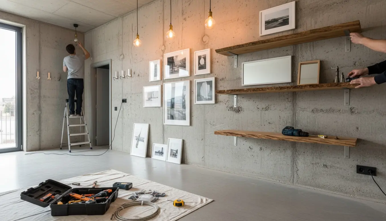 Et foto af installation på en rå betonvæg med hylder, lamper, knagerækker og en billedvæg, værktøj og hænder i arbejde.