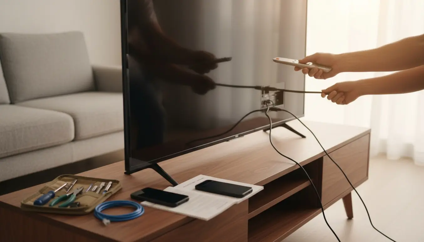 Ældre mand får hjælp til at sætte et 55-tommer OLED-tv op i en lys og ryddelig stue.