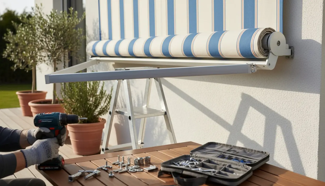 Afmontering af en cirka fem meter lang rullemarkise fra en terrasse med værktøj og monteringsdele på et trædæk.