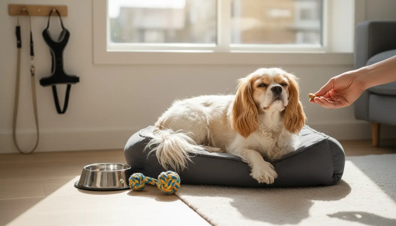 Lille kærlig hund ligger på en blød hundeseng i et solrigt, indbydende hjem klar til pasning.