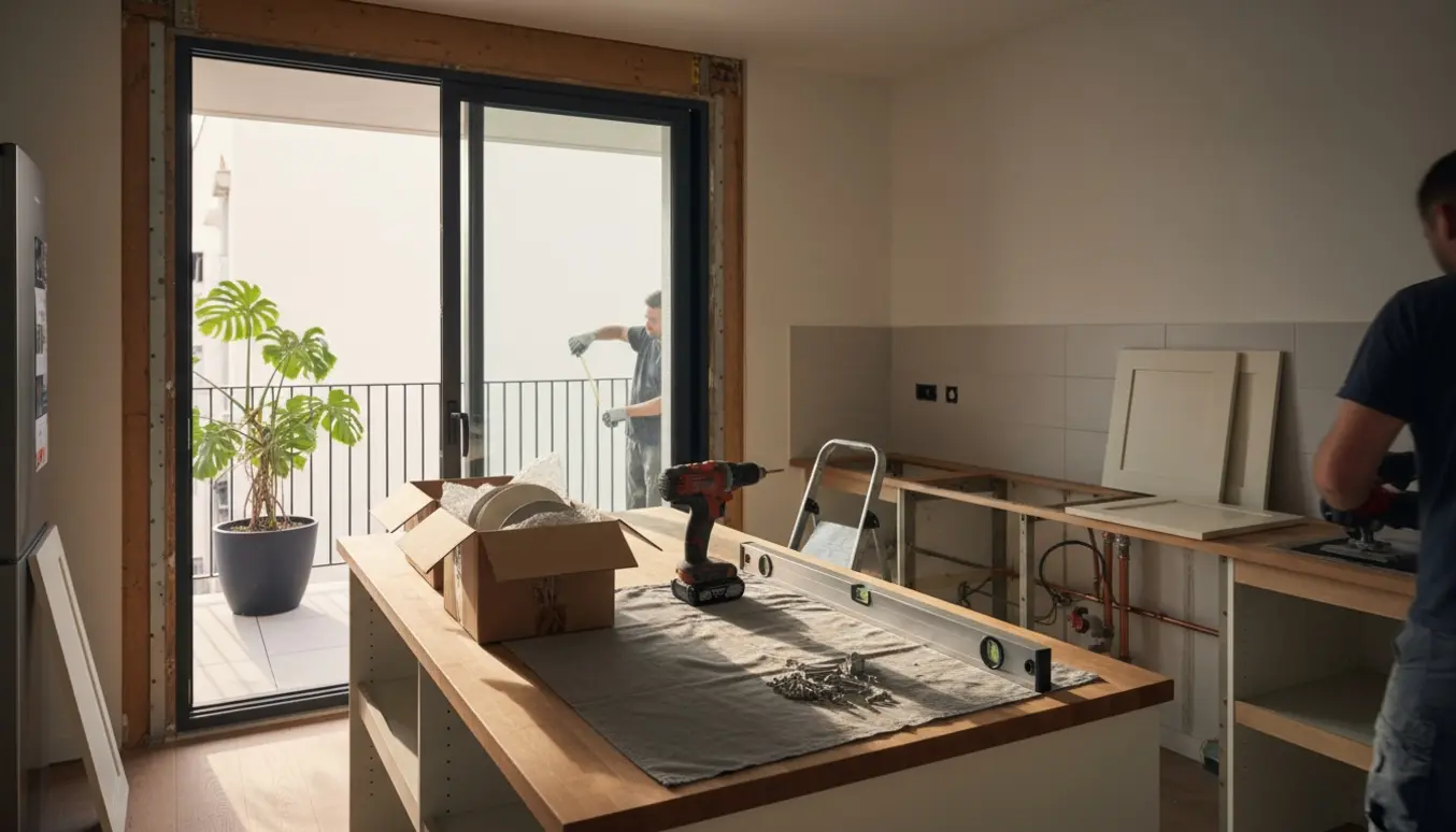 Et moderne køkken under ombygning med flyttekasser, værktøj og en ny altan synlig gennem et åbent dørhul.