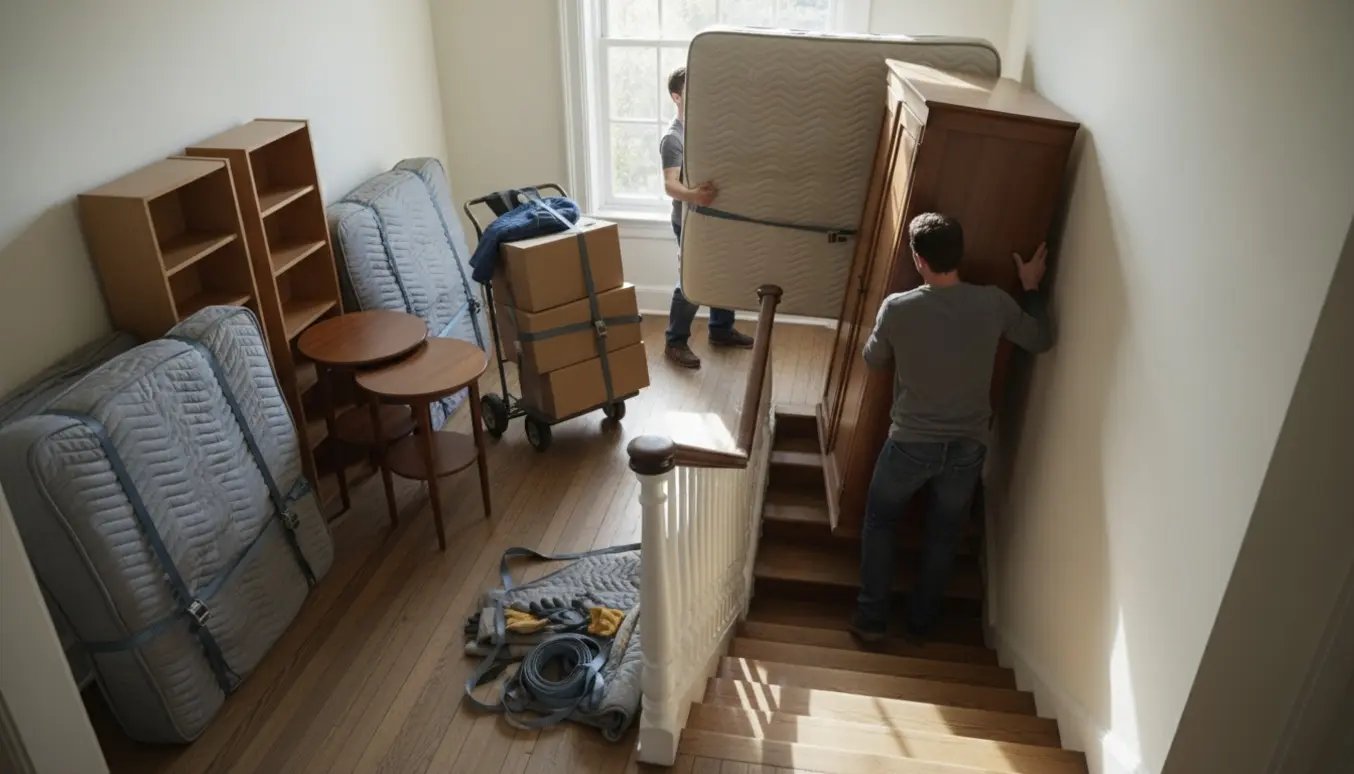 Flyttefolk bærer et garderobeskab op ad en lys trappe, omgivet af indpakkede senge og reoler.