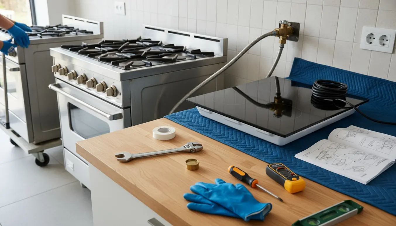 Tekniker fjerner gaskomfur og forbereder montering af nyt induktionskomfur i et lyst køkken.