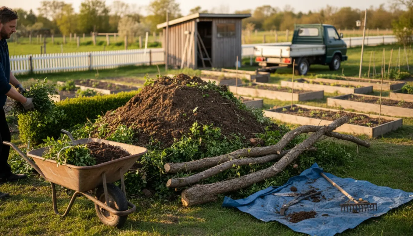 Stor bunke jord og hækafklip i en kolonihave med trillebør, værktøj og en trailer klar til afhentning.