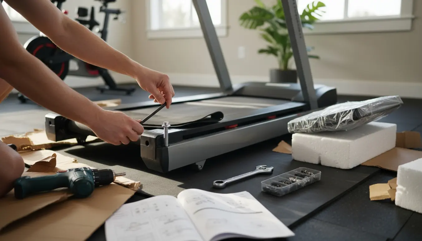 Nyt, delvist samlet løbebånd i et lyst hjemmegym, hænder strammer bolte med værktøj.