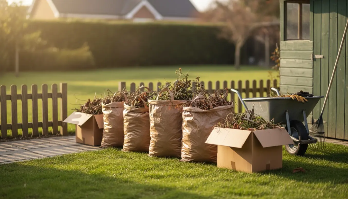 Fire fyldte haveaffaldssække og to papkasser med gren- og planteaffald klar til afhentning ved kanten af en græsplæne.